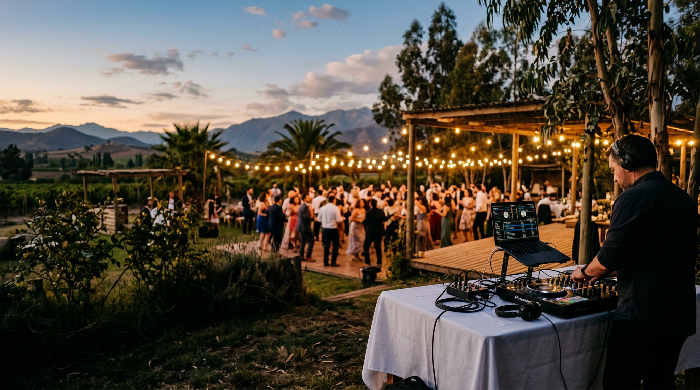Cabina de DJ en un matrimonio al aire libre al atardecer